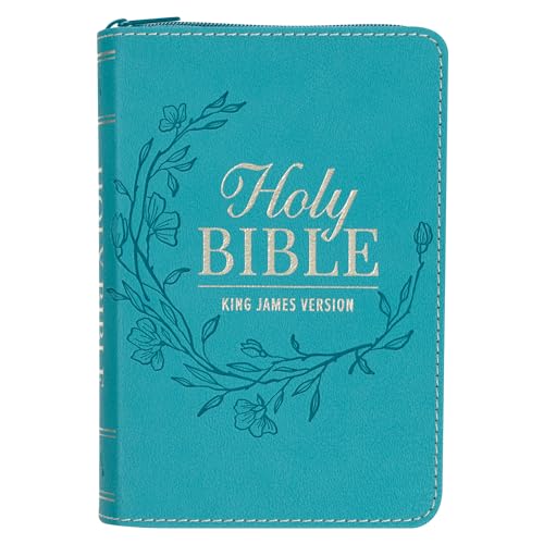 KJV Holy Bible, Mini Pocket Size, Red Letter Edition, Reading Plan, Thematic Verse Finder, Ribbon Bookmark, King James Version, Vegan Leather, Aqua, Zipper Closure, 6.2" x 4.3" book cover
