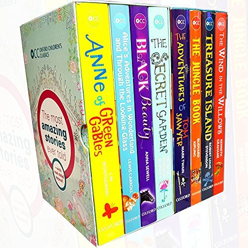 oxford children's classics collection 8 books set (anne of green gables,alice's adventures in wonderland,black beauty,secret garden,adventures of tom sawyer,the jungle book,treasure island,wind in the book cover